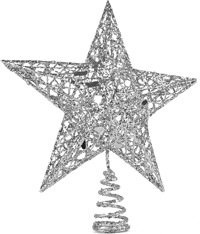 Ornativity Silver Star Tree Topper - Christmas Silver Glitter Sparkle Star Ornament Holiday Decor Top Toppers Xmas Decoration 9"
