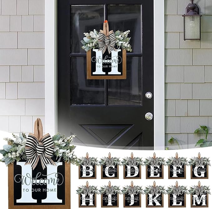 Last Name Year Round Front Door Wreath Front Porch Decoration 26 Letter Welcome Sign with Eucalyptus Garland and Bow Spring Wreaths for Front Door Outside Hanger Garland（H）
