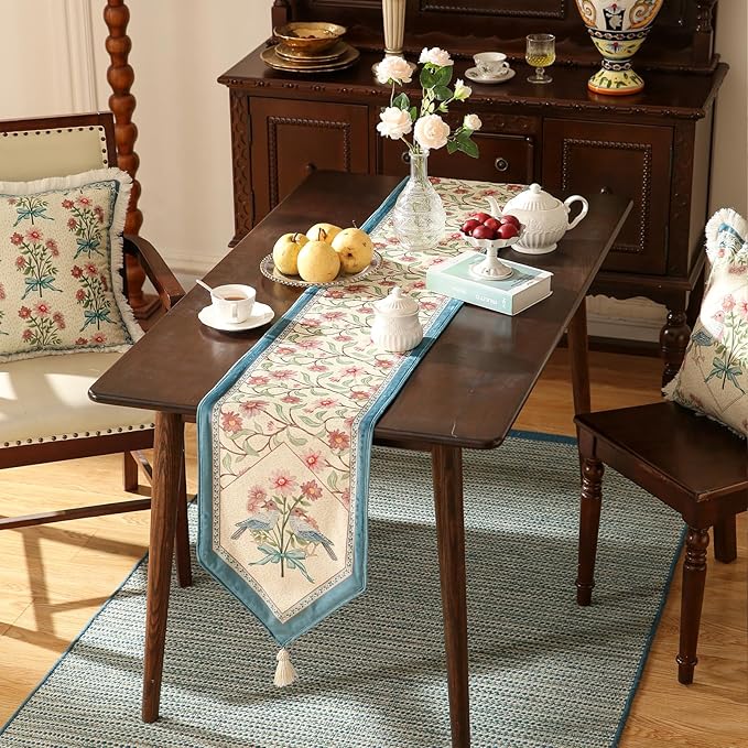 patdrea Designer French Elegant Wild Flowers Velvet Table Runner 71 Inch Long, Beige Pink Floral Pattern Table Mat, Decoration for Kitchen Dining Coffee Table Cabinet Banquet Thanksgiving,12"*71"