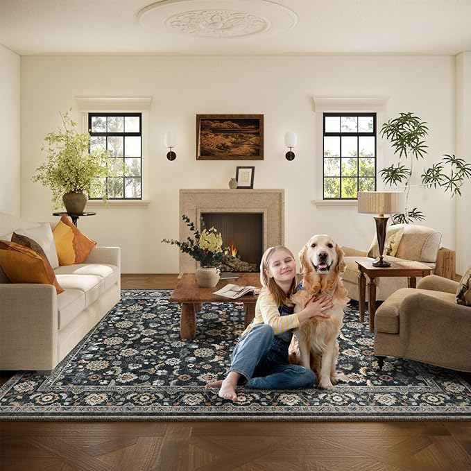Washable Area Rugs for Living Room: 8x10 Bedroom Rug Vintage Boho Area Rug Stain Resistant Non Slip Low Pile Lightweight Soft Carpets for Living Room Dining Room Kitchen Nursery Kids Room Farmhouse