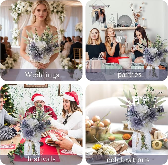 Fake Flowers with Vase Combo Bue Wite Flowers Mix Silk Artificial Flowers Dahlia, Fake Plastic Flowers Bulk Decoration, Faux flower for Wedding Bridal Bouquets, Floral Arrangement, Table Centerpieces