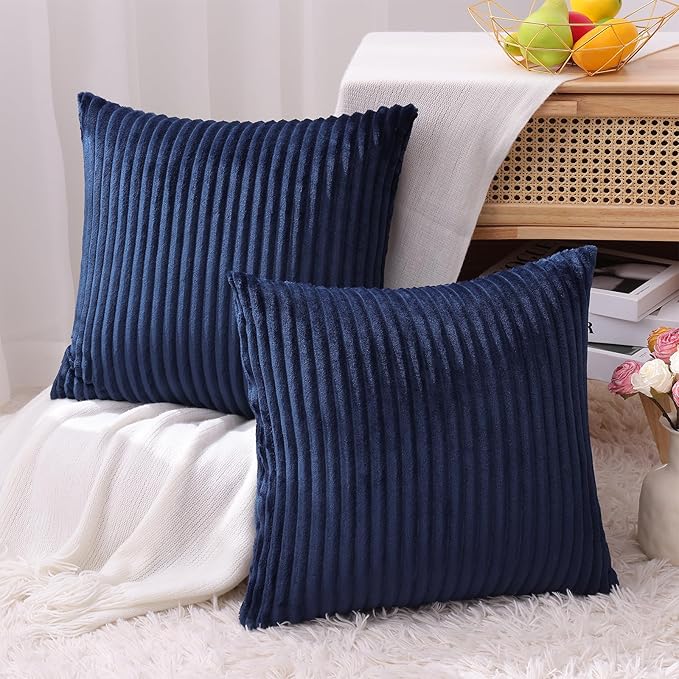 Simmore Decorative Christmas Throw Pillow Covers 18x18 Set of 2, Soft Natural Plush Flannel Double-Sided Fluffy Couch Pillow Covers for Sofa Living Room, Navy Blue