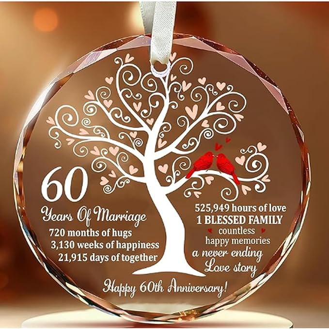 Personalized Anniversary Christmas Ornament – Custom 60 Years Married Glass Keepsake for Couple, Husband and Wife, Parents – Wedding Tree Decoration with Red Cardinals Gift Idea