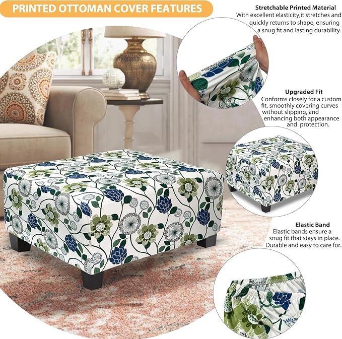 Ottoman Cover Rectangle Printed,Stretch Slipcover for Rectangular Footstool,Soft Fabric with Non-Slip Elastic Bottom,Decorative Furniture Protector for Living Room,Large,Flower C