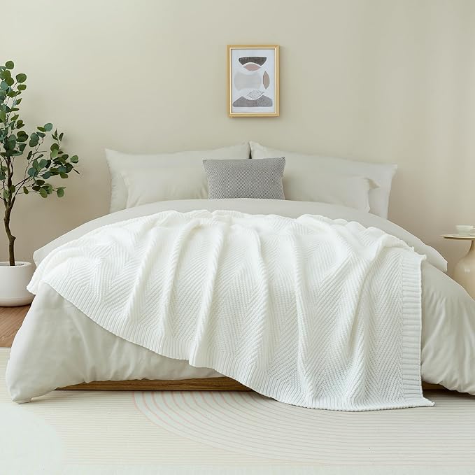 Knitted Throw Blanket 50"X60", White Knit Throws for Bed, Super Soft Boho Chevron Blankets for Couch Sofa Chair Room Decor, Textured Decorative Farmhouse Cozy Lightweight