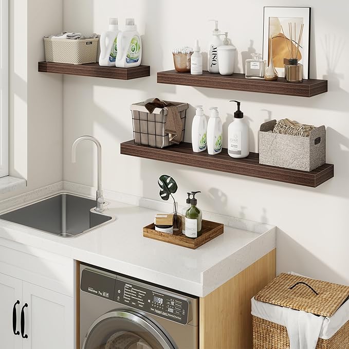 fuqing Floating Shelves for Wall, Wall Mounted Wood Floating Shelf with Invisible Brackets for Living Room, Bathroom, Bedroom, Kitchen Storage and Decor, 55 Inch Set of 2, Walnut