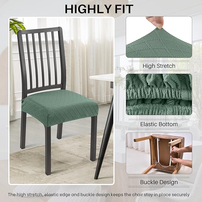 SearchI Stretch Dining Chair Seat Covers Set of 4, Soft Removable Washable Seat Covers for Dining Chairs, Dining Room Seat Cover Protector (Rear-Covered, Check Jacquard Green)
