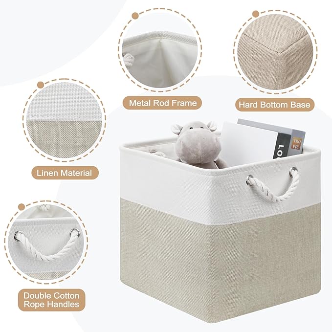 13x13 Storage Cube Bins 4Pack,Collapsible Cube Storage Organizer for Closet, Fabric Storage Box w/ Rope Handles, Foldable Storage Baskets for Shelves, Clothes,Closet Organization - White/Coffee