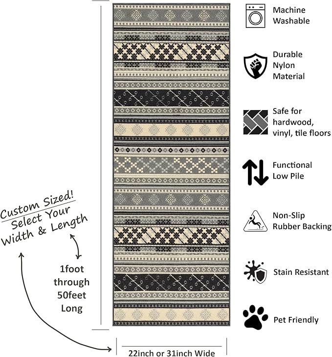 Custom Size Grey Bohemian Kilim Rubber Backed Non-Slip Hallway Stair Runner Rug Carpet 31 inch Wide Choose Your Length 31in X 9ft