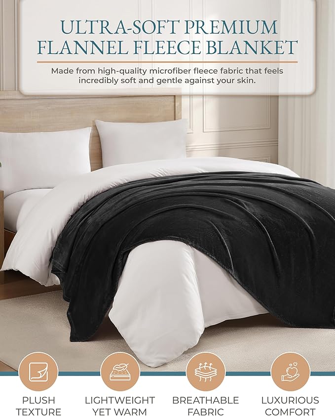 Casa Platino Queen Size Blanket – Lightweight & Warm Fleece Throw 90x90 – Soft Flannel Blanket for Bed, Couch or Living Room – Black