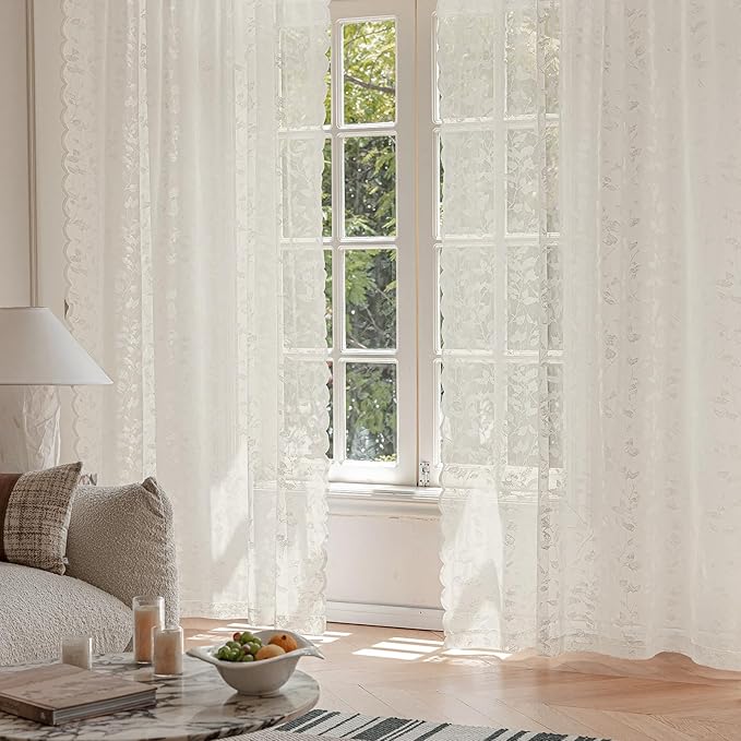 Beige Lace Sheer Curtains – Vintage Leaves Pattern Lace Fall Curtains, Modern Privacy Light Filtering Rod Pocket Window Drapes for Bedroom Living Room, 52W x 54L Inch, 2-Panel Set