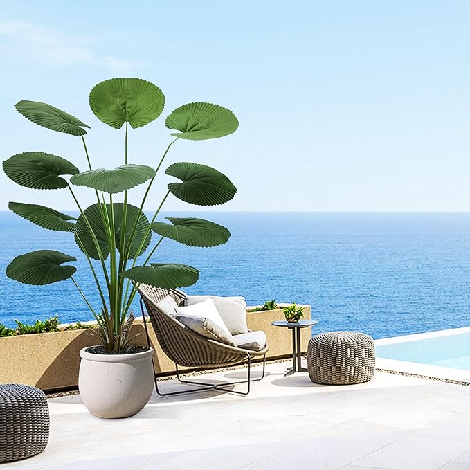 Artificial Palm Tree Faux Fan Palm Tree, 5FT Tall Tropical Areca Floor Plant in Pot Indoor and Outdoor Round Leaves Fake Plant for Home Bathroom Porch Outside Patio Decor