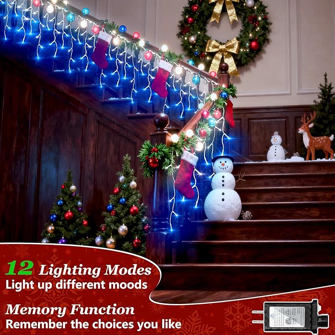 670 LED Christmas Lights Outdoor, 66ft Blue & White String Lights Indoor with 148 Drops 12 Modes, Dimmable Curtain Window Lights, Waterproof Twinkle Fairy Lights with Timer for Christmas Decorations