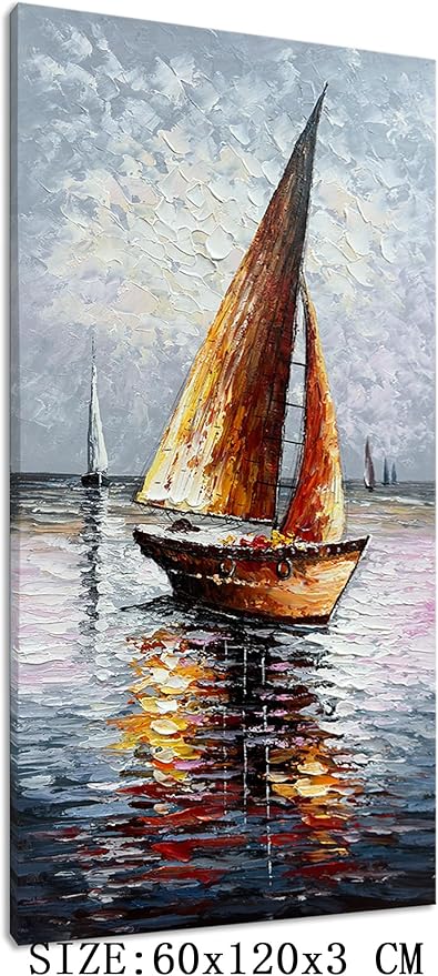 zoinart Sailboat Oil Paintings on Canvas 24x48 Inches Modern Abstract Vertical Wall Art Sailing Boat On The Sea Acrylic Artwork Living Room Bedroom Home Decorations