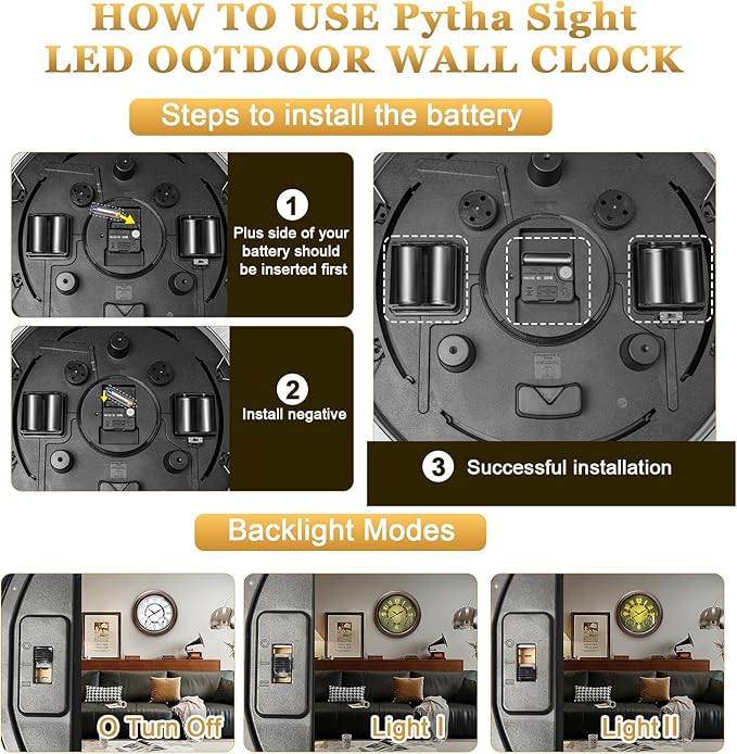 Illuminated Large Metal Outdoor Clocks Waterproof 18 Inches With AI Auto Light Smart Sensor,Extra Big Indoor Outdoor Wall Clocks With Thermometer & Hygrometer for Patio, Pool, Garden,Porch
