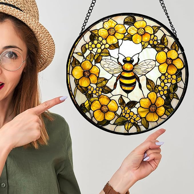Stained Glass Window Hanging - Yellow Flowers Surrounded by Bees Sun Catcher for Door Garden Home Decor Cute Suncatcher Christmas Mother's Day Birthday Gifts for Women Men Mom Nana 6.3 in