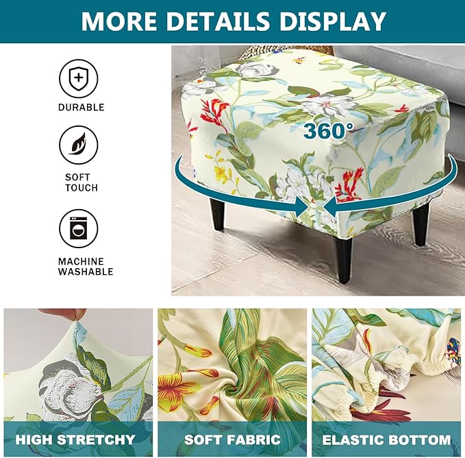 KRFOONN Stretch Ottoman Cover Slipcovers Rectangle Fit Length 27"-35" Footrest Stool Covers Printed Ottoman Cover for Foot Stool Furniture Protector with Non Slip Elastic Bottom, Color 06