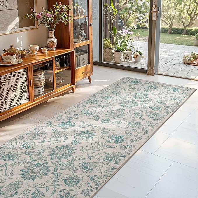 jinchan Torino Runner Rugs 3x8 Vintage-Inspired Floral Design Machine Washable Non-Slip Ultra-Thin Low Pile Rubber Backing Traditional Rug for Kitchen Hallway Laundry Room Entryway