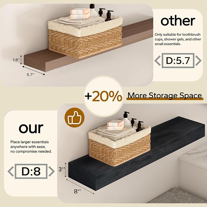 Floating Shelves 3 inch Thick for Wall Set of 2,Solid Pine Wood Wall Mount Shelf for Kitchen Living Room Bedroom Bathroom,8" D x 30" L x 3" H-Black