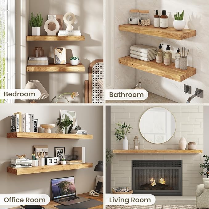 Fun Memories Solid Elm Wood Floating Shelves Set of 1-48 Inch Rustic Wall Shelves with Heavy-Duty Invisible Brackets - for Living Room, Kitchen, Bedroom, Bathroom - Natural Finish