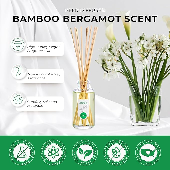 DANI Naturals Reed Diffuser Set -Bamboo Bergamot Scent - Aromatherapy Essential Oils, Alcohol-Free - 10 Sticks, 3.5 oz