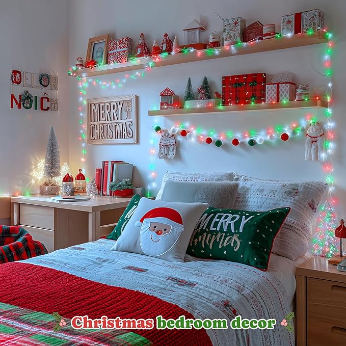 JMEXSUSS 2 Pack Christmas Fairy Lights Battery Operated with Remote, Total 200 LED 66ft Battery Powered Twinkle String Lights for Bedroom Tree Mantel Wall Ceiling Christmas Decor, Red White and Green