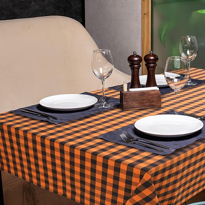 Urban Villa Halloween Tablecloth Buffalo Check Table Cloth Tabletop Cover Kitchen Dining Tablecloth Size- 60"X102"100% Cotton Ideal for Parties Wedding Holiday Dinner Orange/Black Rectangle 8-10 Seats