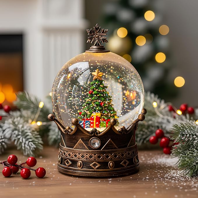 Christmas Snow Globe Lantern Water Glittering Christmas Tree Crown with Music, USB Lined/Battery Operated Lighted Lantern for Christmas Festival Decoration Gifts