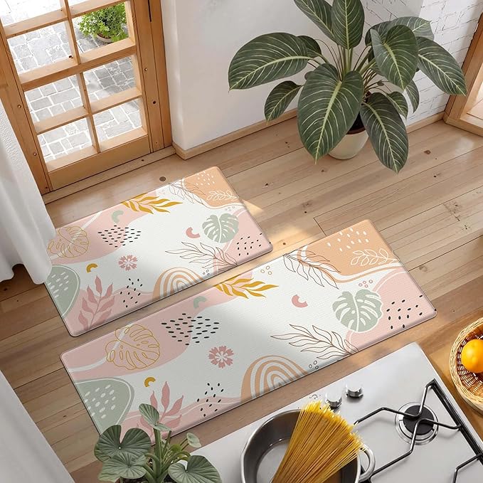 Boho Kitchen Rug Mats for Floor Cushioned Anti Fatigue Pink Kitchen Rugs Sets of 2 Botanical Non Slip Waterproof Comfort Memory Foam Standing Floor Mat for Office Laundry Sink Desk