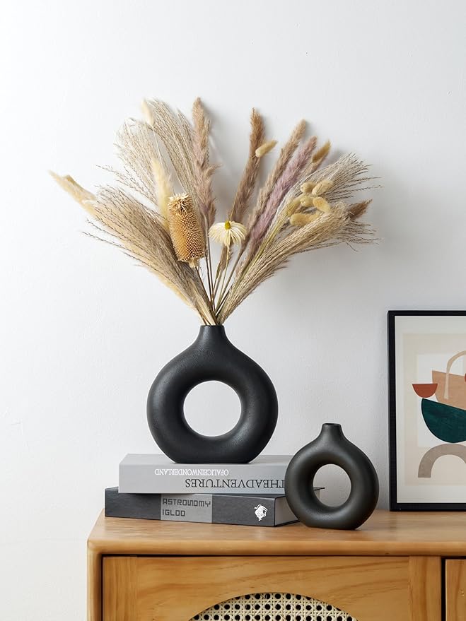 Modern Donut-Shaped Decorative Vases, Handmade Minimalist Boho ins Style, Modern Vase for Home Decor for Wedding Dinner Table Party Living Room Office Bedroom (Black, Small)