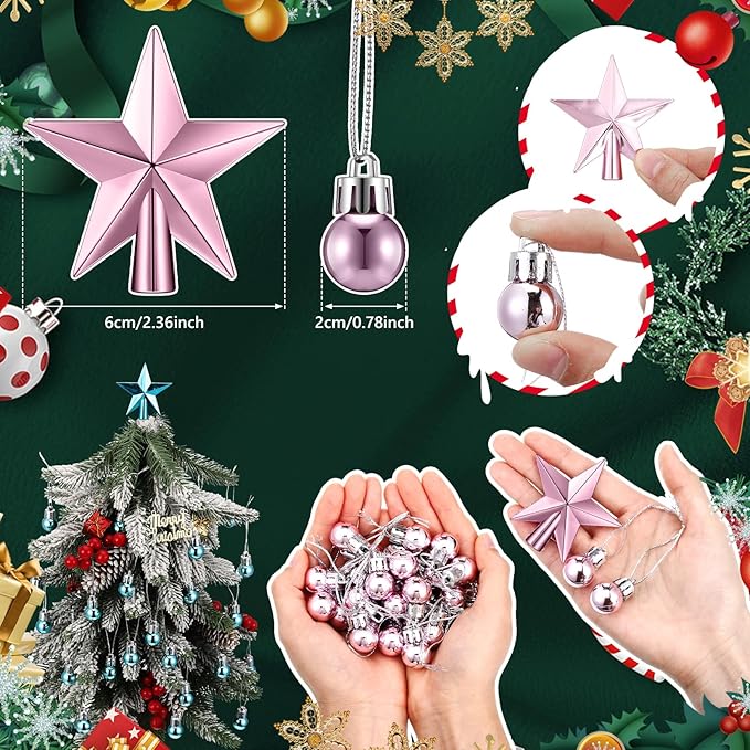 25 Pcs Christmas Balls Ornaments Set Mini Tree Decoration 0. 79 Inch Christmas Ball Tree Topper Star Hanging Ornaments for Party Decoration(Pink)