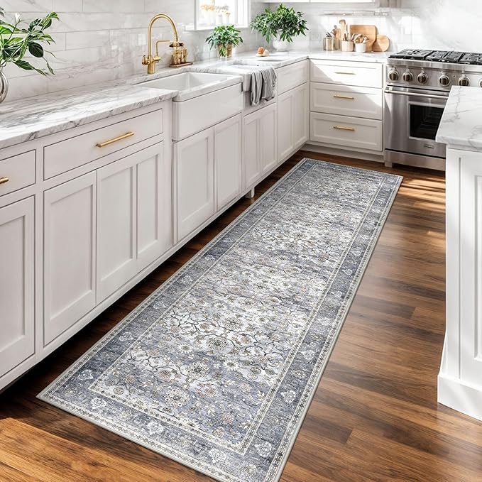 KUTA Vintage Floral Washable Hallway Runner, 2x7 Runners for Hallways Non-Slip Kitchen Rugs Grey Blue Ultra Thin Soft Printed Distressed Oriental Floor Carpet for Laundry Bedroom Living Room Nursery