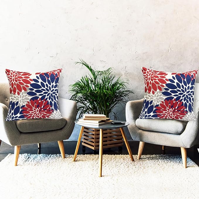 Decorative Throw Pillow Covers Set of 2 Red Blue Pillow Covers 16x16 Inch Couch Pillow Covers for Sofa Living Room Outdoor Throw Pillow Cover Linen Square Floral Flower Farmhouse Pillowcase