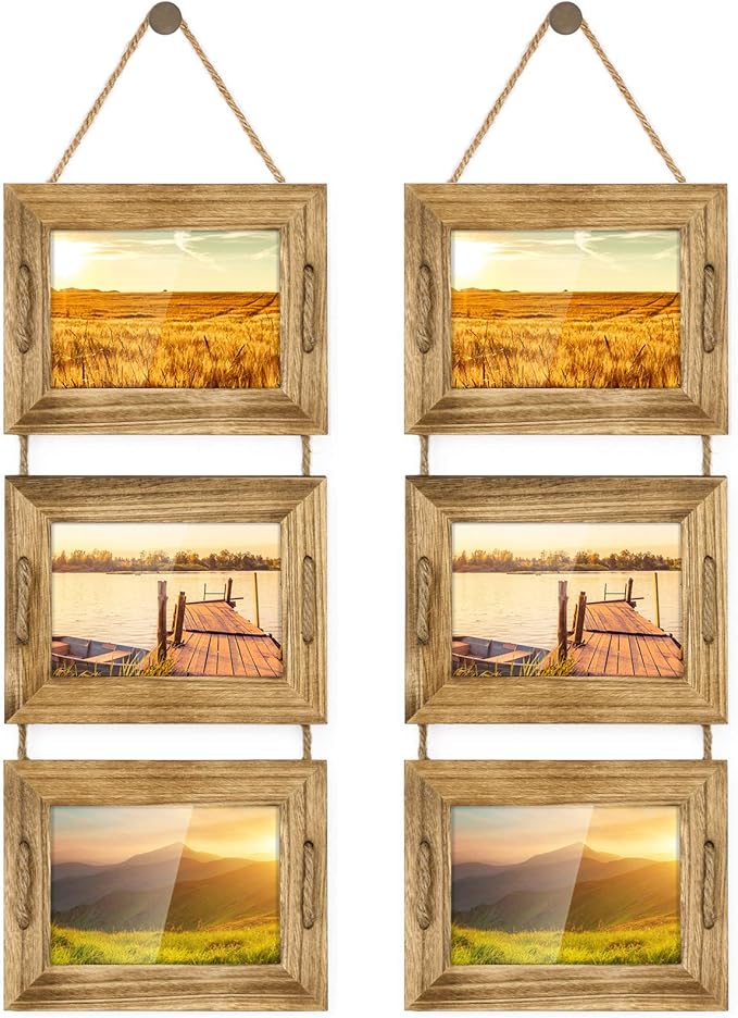 DLQuarts 5x7 Hanging Picture Frames Collage Wall Decor, 3-Frame Set, 3.5x5 with Mat or 5x7 Without Mat, Rustic Solid Wood Photo Frame Pack of 2 Carbonized Black