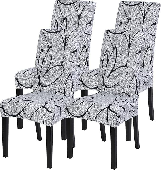 SearchI Dining Room Chair Covers Set of 4, Stretch Printed Parsons Chair Slipcovers Spandex Removable Washable Kitchen Chair Protector Cover for Dining Room, Hotel, Ceremony (Grey Lotus+White Texture)
