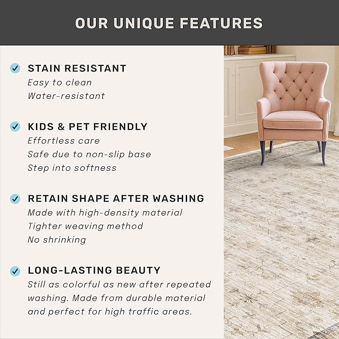 Beige Cream 10x12 Large Living Room Area Rug, Soft Neutral Carpet for Bedroom, Dining Room Under Table, Geometric Floral Contemporary Home Décor, Modern Non Slip Stain Resistant Floor Carpet