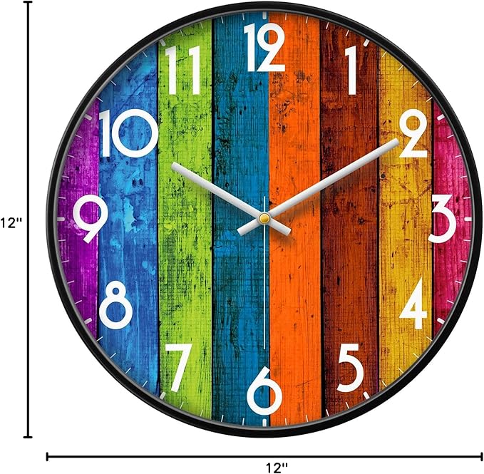 Silent Non-Ticking Wall Clock Colorful Multicolour Analog Large Display Mid Century Modern Battery Operated Quiet Unique Clock Vintage Decor for Living Room Garage Kitchen Kids Room Bathroom 12inch