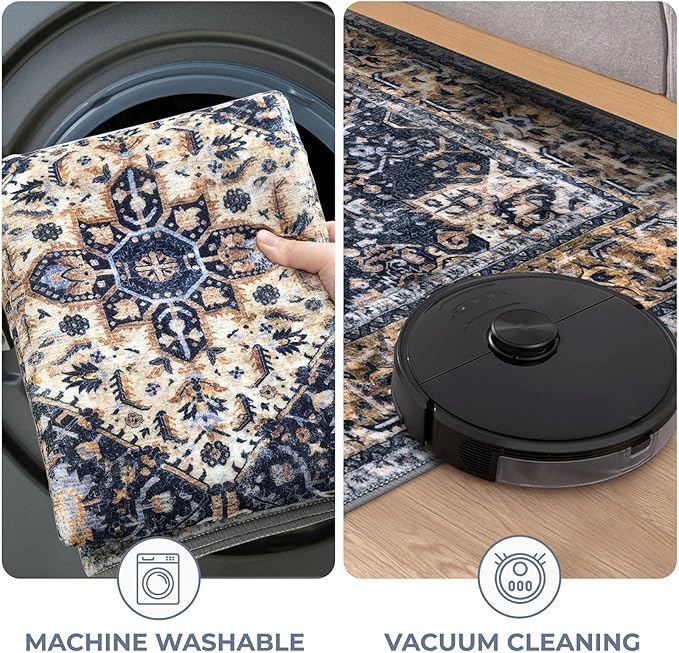 KOZYFLY Runners for Hallways 3x18 Ft Extra Long Washable Kitchen Thin Runner Rug Boho Runner Rug for Entryway Indoor Printed Faux Wool Stair Floor Carpet for Stair Kitchen Hall, Gold/Navy