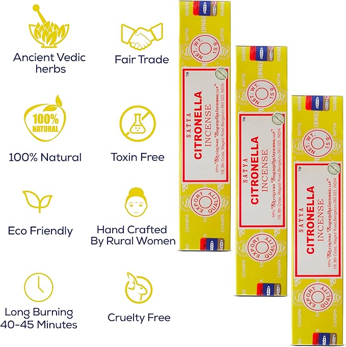 Satya Citronella Incense Sticks, Satya Bng Insenses 15gmx12 Pack with Raajsee Incense Holder Bundle, Satya Nagchampa Natural Incense