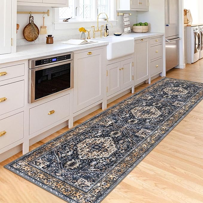 KOZYFLY Long Runners for Hallways 2.6x10 Ft Washable Kitchen Boho Runner Rug for Entryway Indoor Gold Navy Printed Faux Wool Stair Runner Floor Carpet Runner for Stair Kitchen Hall