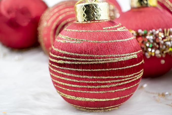 12Pcs 4” Silk Christmas Ball Decorations, Satin Christmas Tree Ornaments, Luxury Vintage Hanging Christmas Home Decor for Xmas Holiday Wedding Party Decoration (RED)