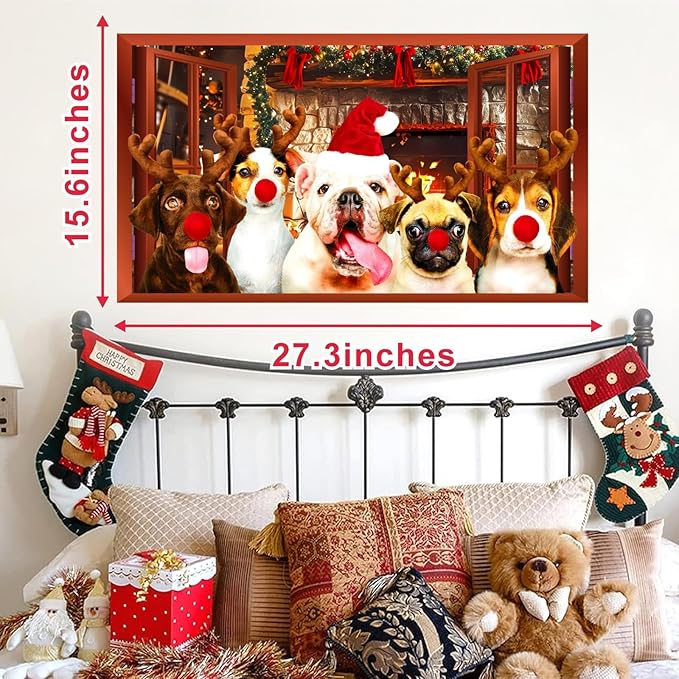 Christmas Dog Wall Decor 3D Xmas Fake Window Wall Decals Mural Merry Christmas Puppy Dog Wall Stickers Winter Holiday Faux Window Decal Party Decorations Cute Funny Dogs Decals Party Supplies