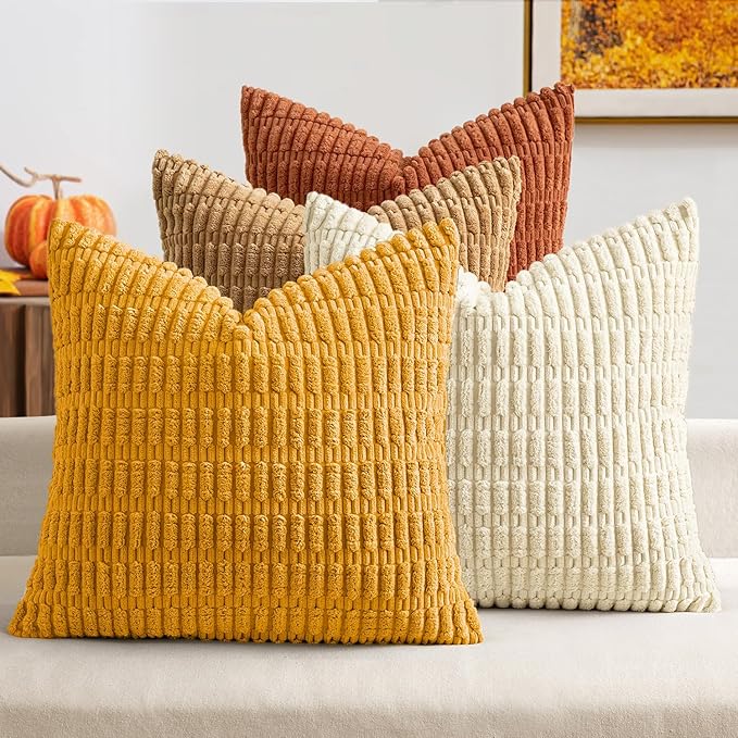 MIULEE Fall Soft Corduroy Throw Pillow Covers Set of 4 Camel 18x18 Inch Modern Farmhouse Boho Decorative Accent Cushion Covers for Couch Sofa Bedroom