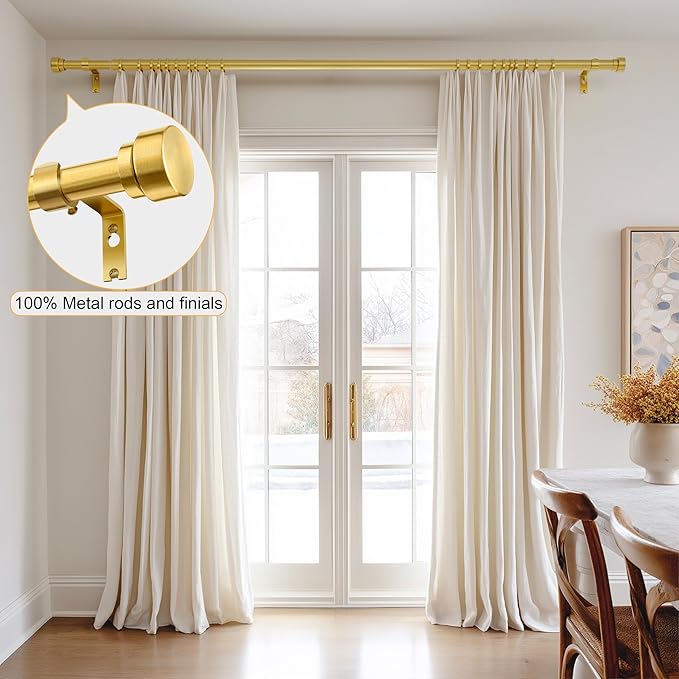 PORTRES Modern Gold Heavy Duty Curtain Rods for Windows 28 to 48 Inches Adjustable Length 1" Diameter Curtain Rod with Farmhouse Decorative Finials for Outdoor Bedroom Kitchen Living Room