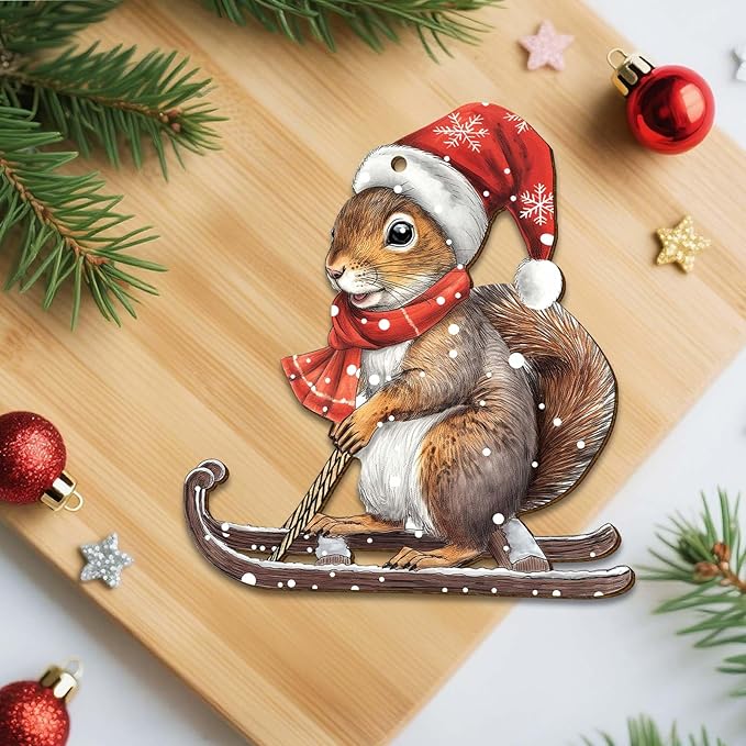Snowboarding Squirrel Christmas Tree Keepsake Ornaments, Funny Squirrels Themed 2 Side Printed Flat Wooden Ornament, Xmas Hanging Decor