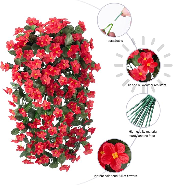 HyeFlora Artificial Fake Hanging Plants Flowers for Outdoor Outside Winter Christmas Decoration, 2 PCS Faux Silk Daisy Mums Red Orchid Vines UV Resistant Realistic for Home Indoor Porch Patio Balcony