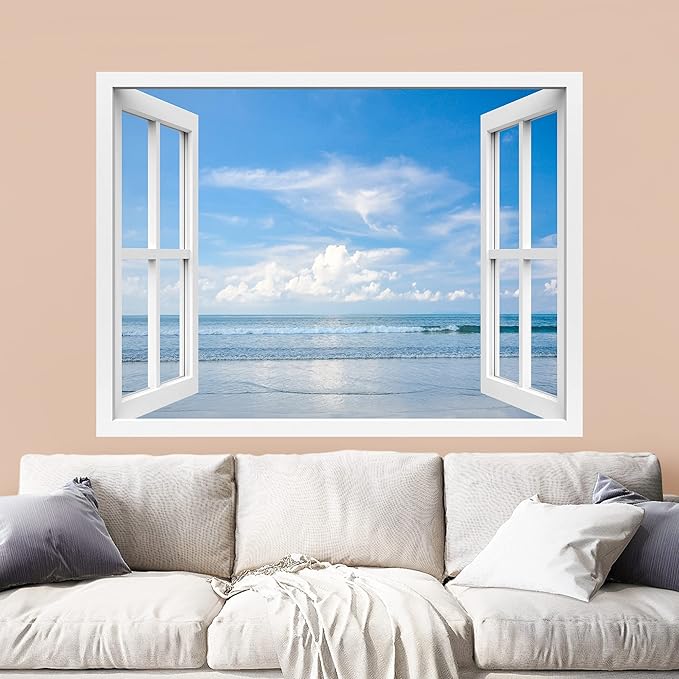 wall26 Removable Wall Sticker/Wall Mural Window View Bright Blue Cloud Sky Ocean Sea Horizon Wilderness Nature Photography Realism Rustic Landscape Colorful for Living Room, Bedroom, Office - 36"x48"
