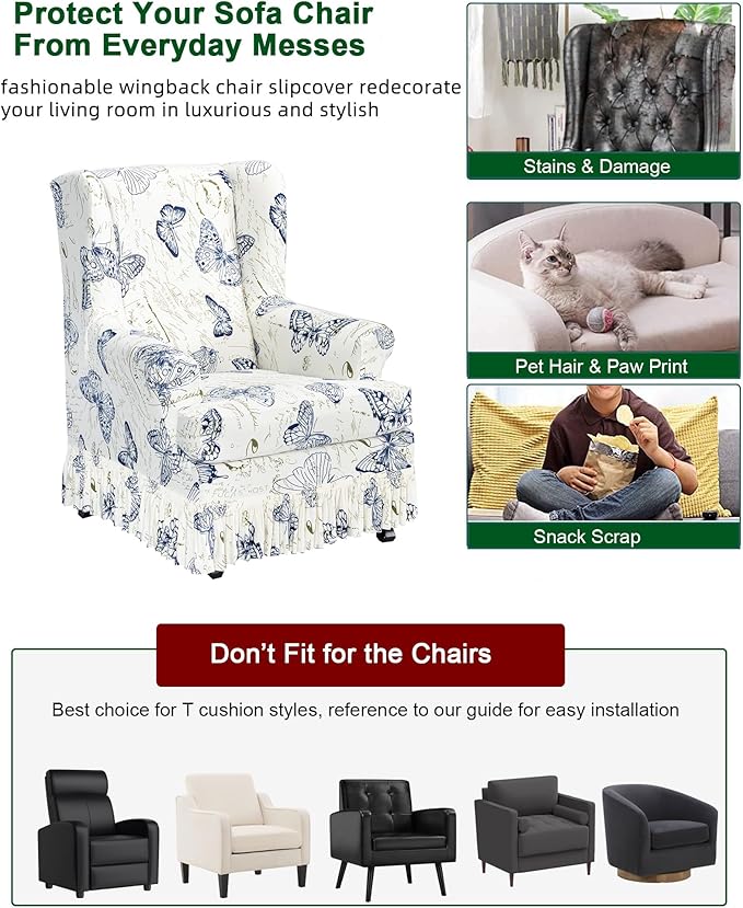 CRFATOP 2 Piece Stretch Wingback Chair Cover with Skirt Printed Wing Chair Slipcovers Spandex Fabric Wingback Armchair Covers with Cushion Slipcover for Living Room Bedroom Wingback Chair,C06