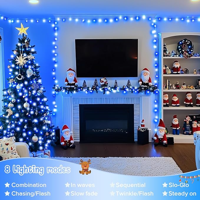 JMEXSUSS 2 Pack 100 LED Blue and White Christmas Lights, 33ft 8 Modes Christmas String Lights Indoor Outdoor, Clear Wire Plug in Twinkle Light for Xmas Bedroom Party Decorations