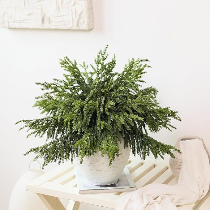 80 Pcs Real Touch Norfolk Pine Branches, Artificial Christmas Green Plants Branch Faux Greenery Stem Fake Pine Picks for Vase DIY Crafts Garland Wreath Xmas Indoor Outdoor Decor(18 Inches)